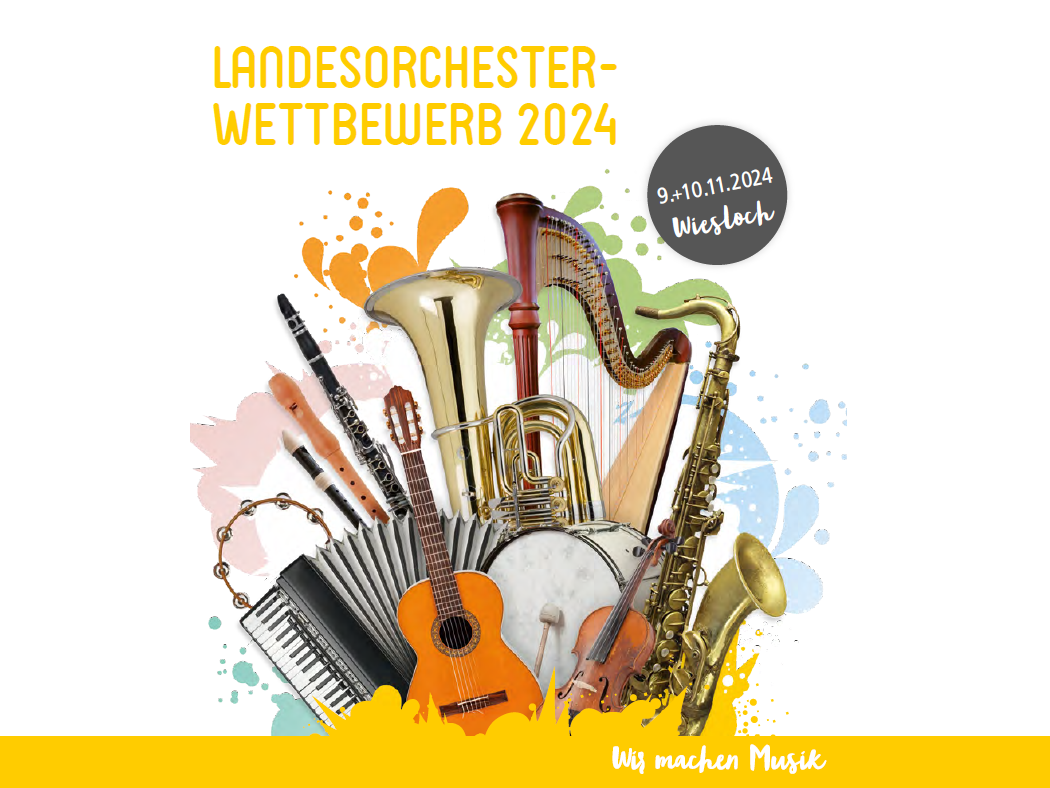 Logo zum Landesorchester-Wettbewerb 2024, eine Fotocollage mit vielen Musikinstrumenten..