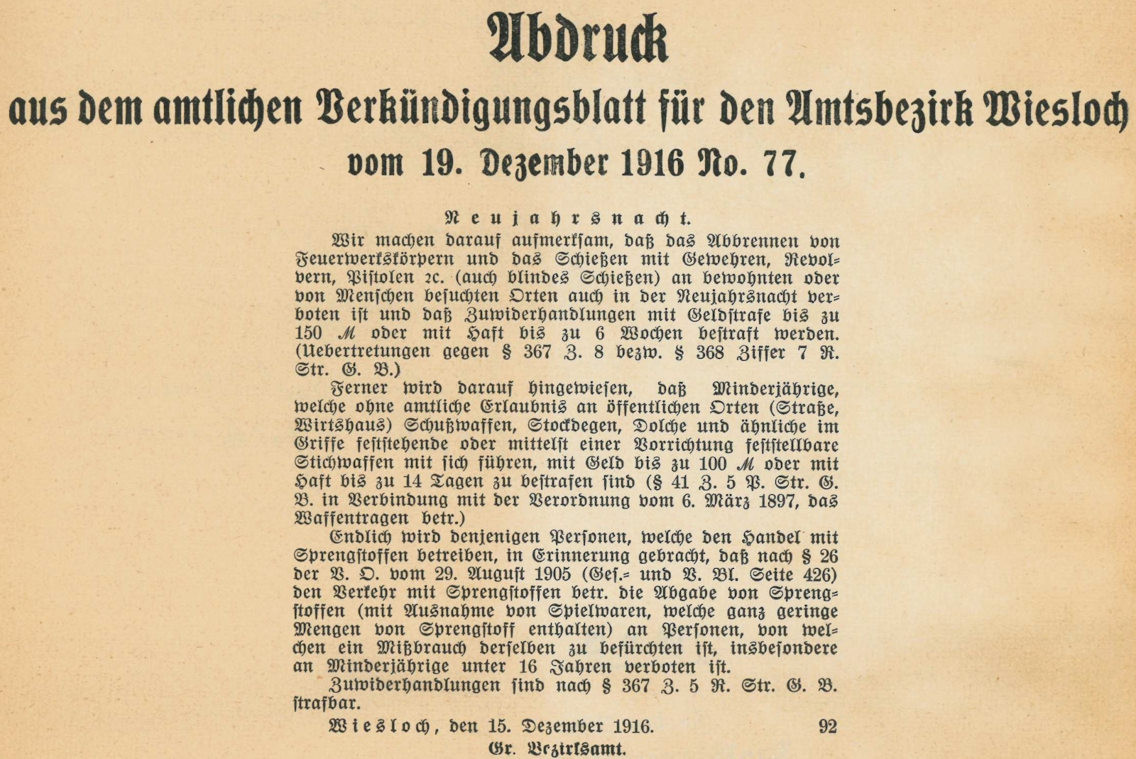 Abbildung der Verordnung des Bezirksamts zur Neujahrsnacht 1916.